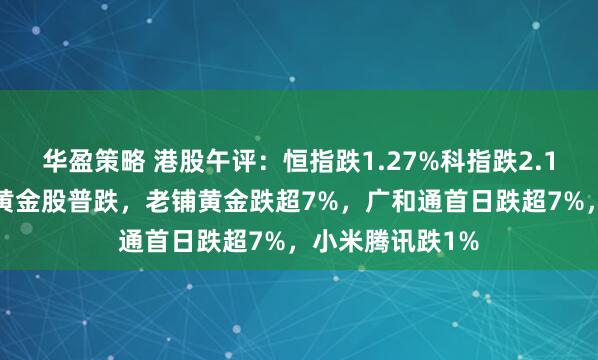 华盈策略 港股午评:恒指跌1.27%科指跌2.12%!科网股、黄金股普跌,老铺黄金跌超7%,广和通首日跌超7%,小米腾讯跌1%